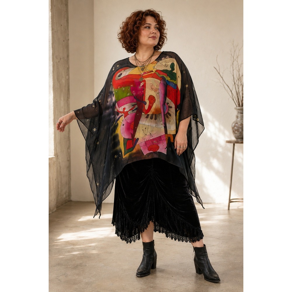Boho 100% Silk Black Pink Red Musical Lagenlook Semi Sheer Artsy XL Poncho Top
